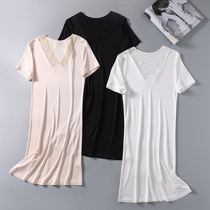 Knitting silk home casual bottom skirt sexy lace V-neck dress silk breathable loose short-sleeved nightdress