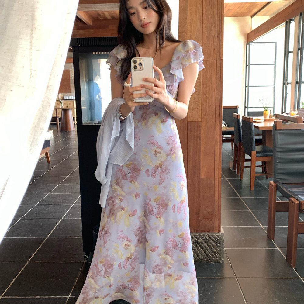 Đầm maxi nữ thắt eo cổ yếm họa tiết hoa nhí phong cách Pháp — màu tím