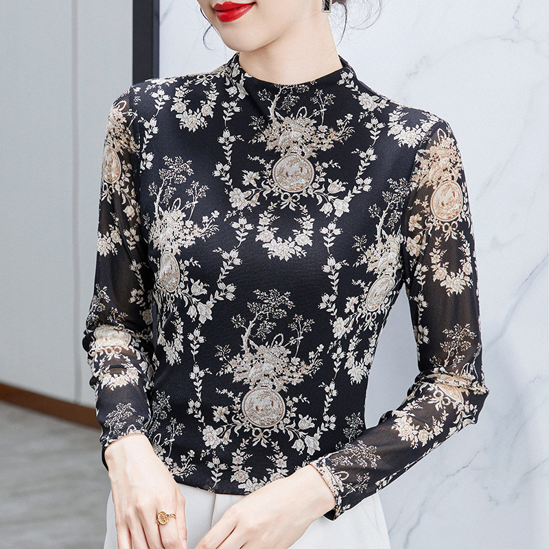 网纱打底衫女中领印花t恤秋冬女2024年新款长袖修身显瘦上衣