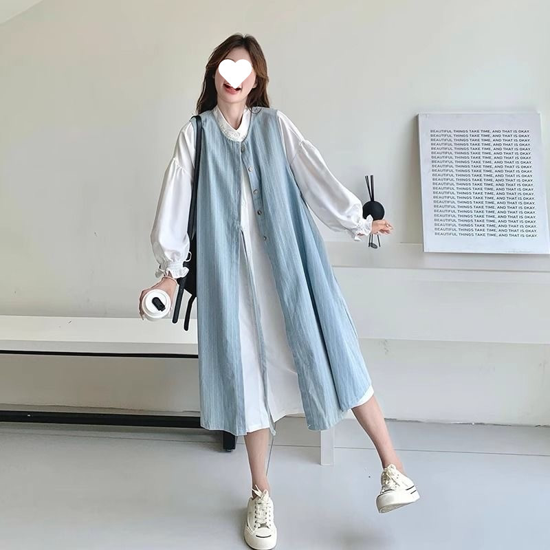 大码胖mm韩系连衣裙女春秋叠穿清新条纹背心裙衬衫裙两件套200斤|undefined