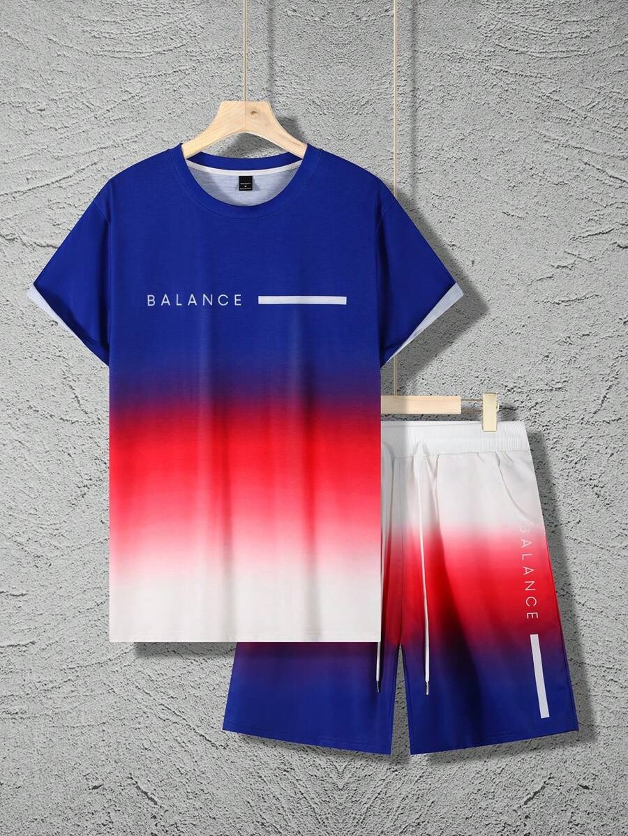 Lema de letras de color degradado estampado 3D traje de hombre camiseta traje deportivo de hombre cuello redondo pantalones cortos con cordón de manga corta