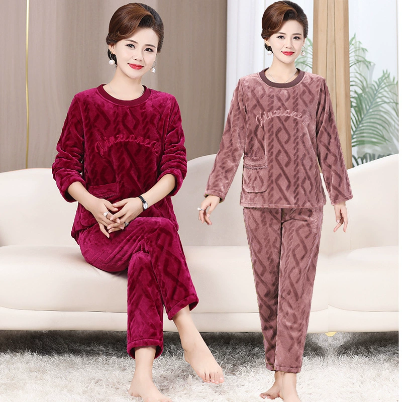 Осенне-зимняя Пижама-пуловер из кораллового флиса для мам среднего и пожилого возраста, женский теплый костюм из утолщенной фланели с флисовой подкладкой, домашняя одежда