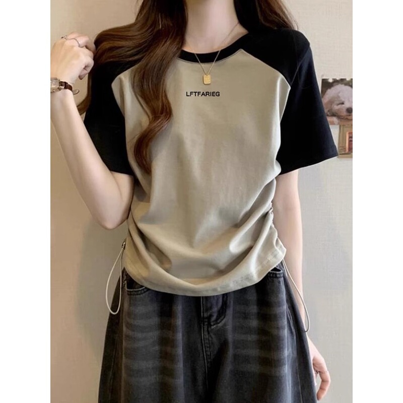 Summer Women's 95 Cotton Stitching Short-sleeved T-shirt Women's Beware Contrast Color Round Neck Ins Loose Meat-covered Top A3521