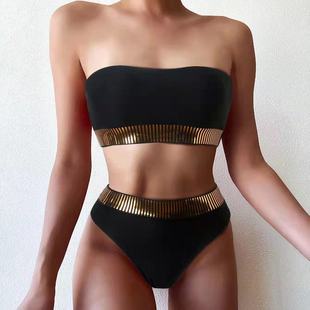 New European and American Sexy Solid Color Cross-Border Bikini Bandeau Backless Strapless Foreign Trade Triangle Split Swimsuit for Women