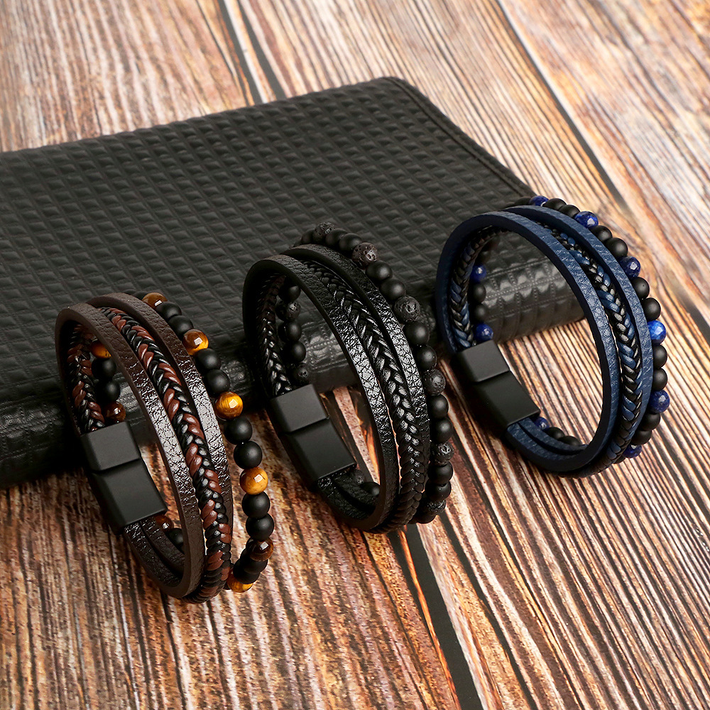 33g Weight Bracelets Classification Alloy Chain Material 1 Piece Quantity Hip-Hop Retro Round Pu Leather Natural Stone Knitting Men'S Bracelets Men Cord & Leather Bracelets