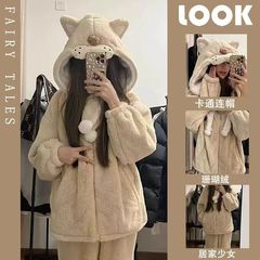 ins风可爱小狮子珊瑚绒睡衣女秋冬季加绒加厚保暖居家服学生套装