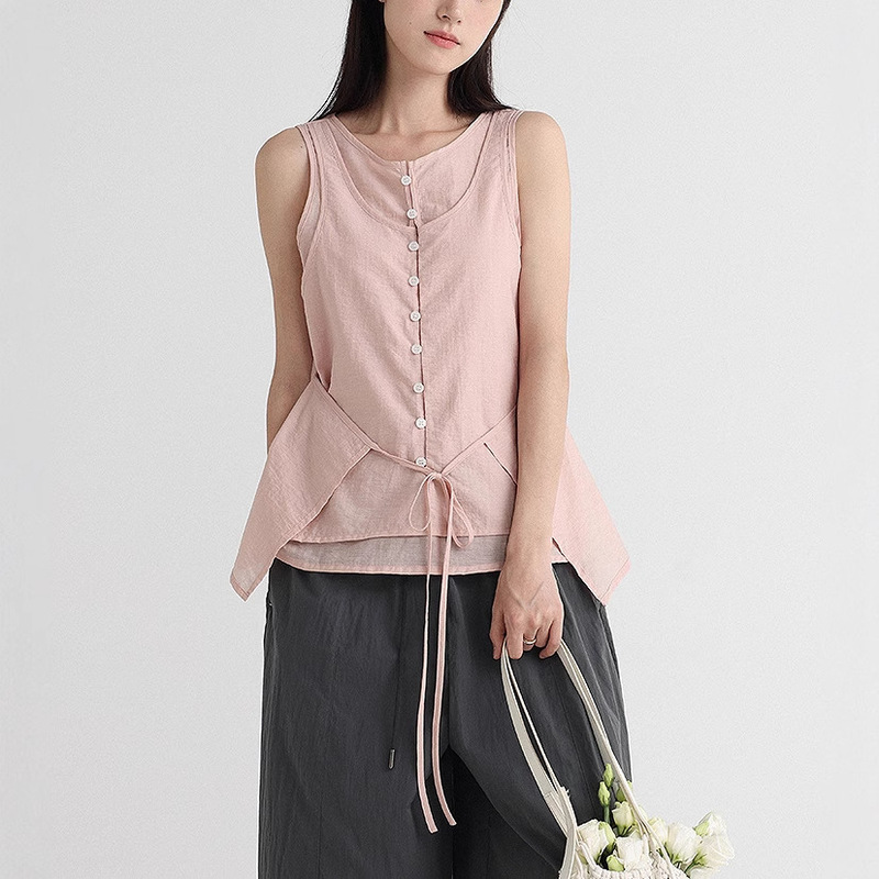 Unique Design Sense!'Twilight Beach' 25 New Summer Fake Two-Piece Round Neck Sleeveless Shirt Outer Vest