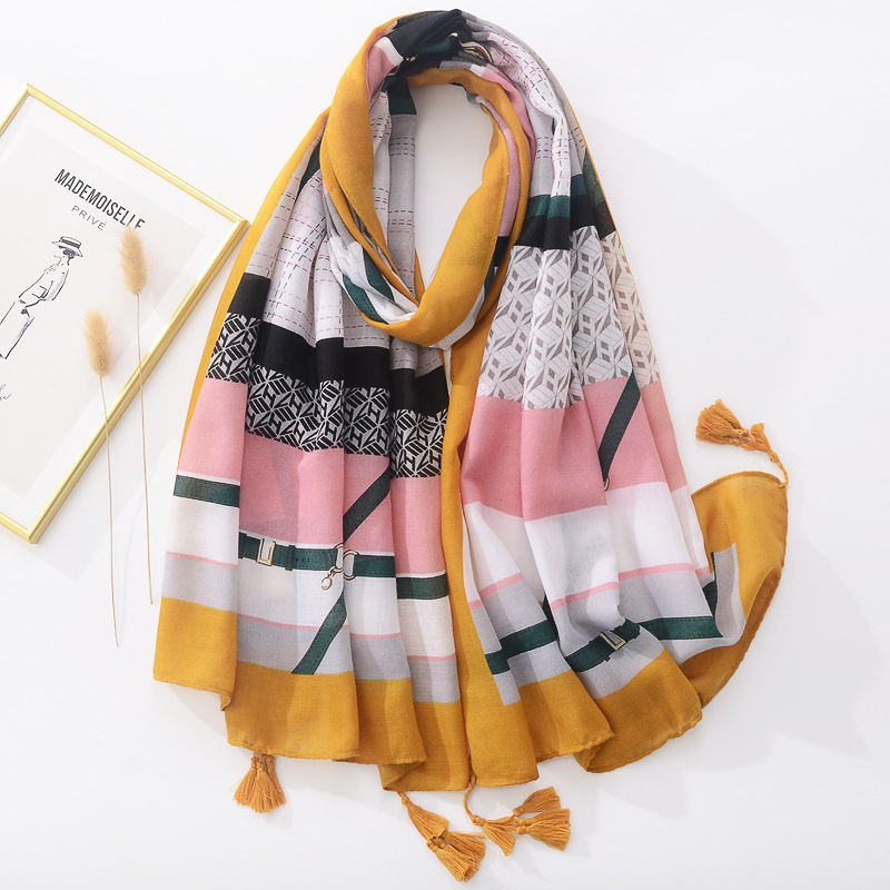 Amazon transfronterizo europeo y americano bufanda de primavera patrón de cinturón de cadena geométrica de las mujeres impreso bufanda de borla de algodón y lino