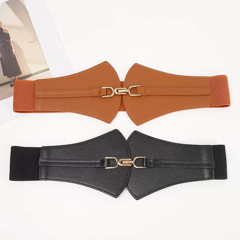 新款女士腰带休闲简约装饰挂扣腰封弹力松紧仿皮宽腰封配大衣现货