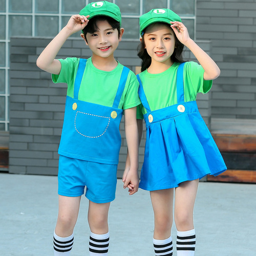 Summer Cosplay Mario Cartoon Costume for Boys and Girls, Sibling Set, Overseas Trade Children Super Mario Suit Set