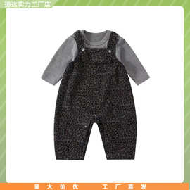 2025秋季新款婴幼儿豹纹背带裤套装宝宝韩版连体衣打底两件套耐用