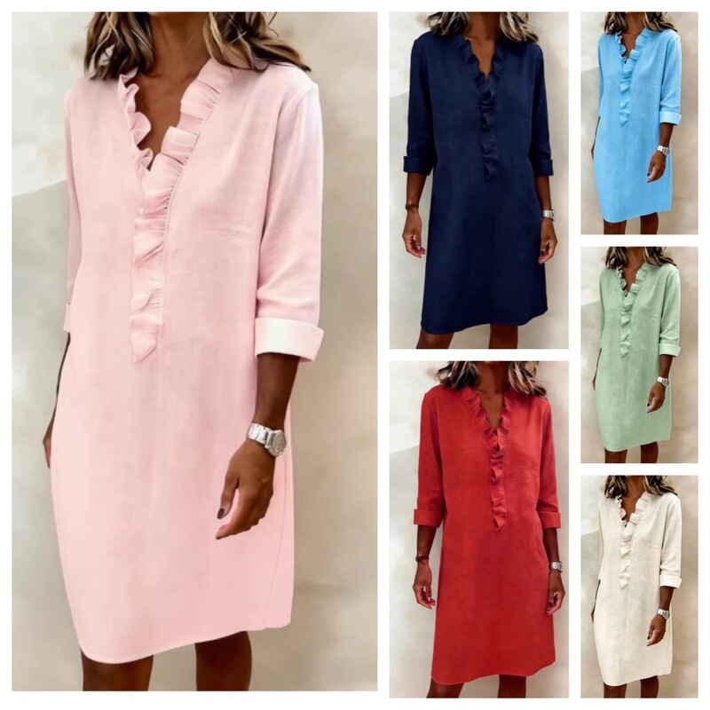 2026 European and American Cross-Border Spring New Fashion Slim-Fit Women's Ruffled Long-Sleeve Cotton-Linen Shirt Dress 2026 European and American Cross-Border Spring New Fashion Slim-Fit Women's Ruffled Long-Sleeve Cotton-Linen Shirt Dress