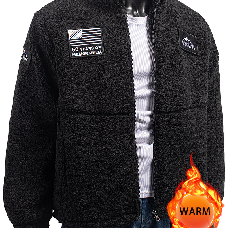 Men's Lamb Wool Jacket, Winter Warm American Retro Style, Lamb Wool Stand Collar Coat with Velcro Label Men's Lamb Wool Jacket, Winter Warm American Retro Style, Lamb Wool Stand Collar Coat with Velcro Label