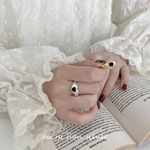 欧尼 S925纯银简约心形黑色锆石戒指女ins韩国风时尚爱心个性指环