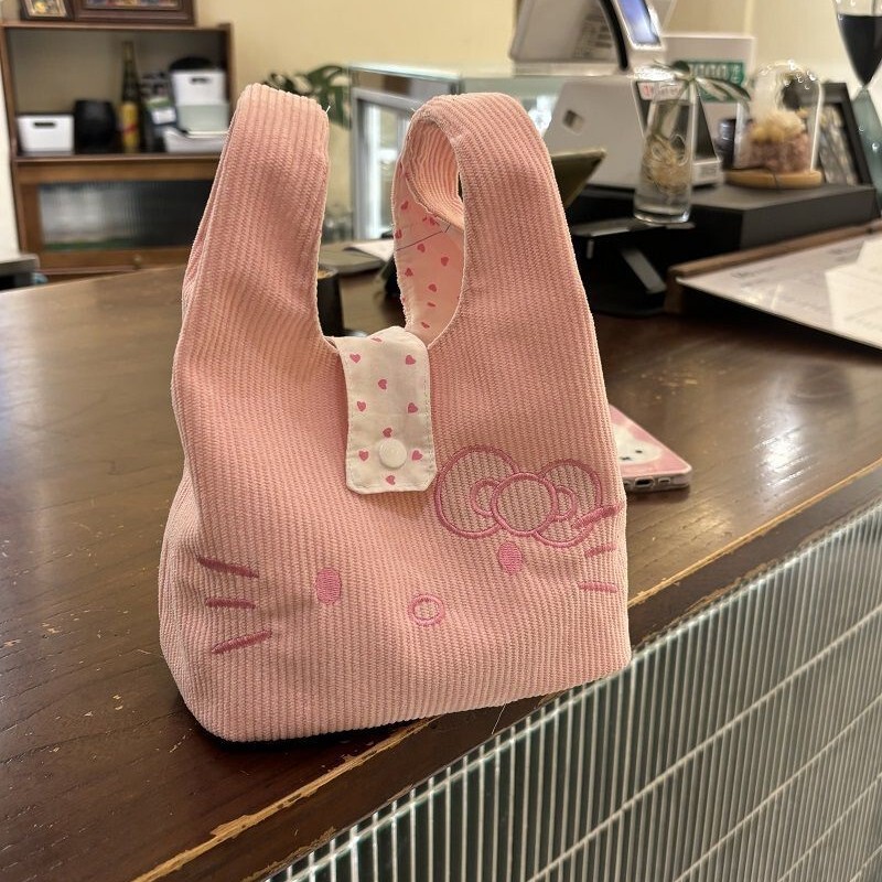 Cute Pink Kitty Embroidered Corduroy Wrist Bag, Satchel Hand Bag, Commuter Bag, High-Looking Cosmetics Bag