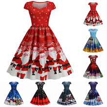 X圣诞节装扮女装跨境外贸女装欧美气质方领包袖印花复古风大摆裙