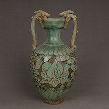 宋代磁州窑绿釉刻花双龙尊瓶古玩古董瓷器旧货老物件收藏仿古摆件