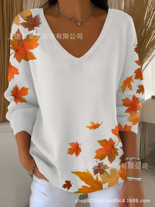 欧美跨境独立站新款3D印花女士时尚渐变色V领长袖T恤上衣|undefined