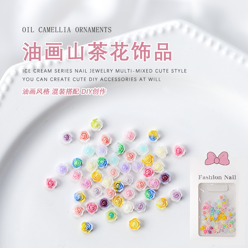 Camellia Nail Jewelry Oil Painting Camellia Color Flat Bottom Resin Drill Nail Jewelry Stereo Flowers About 50