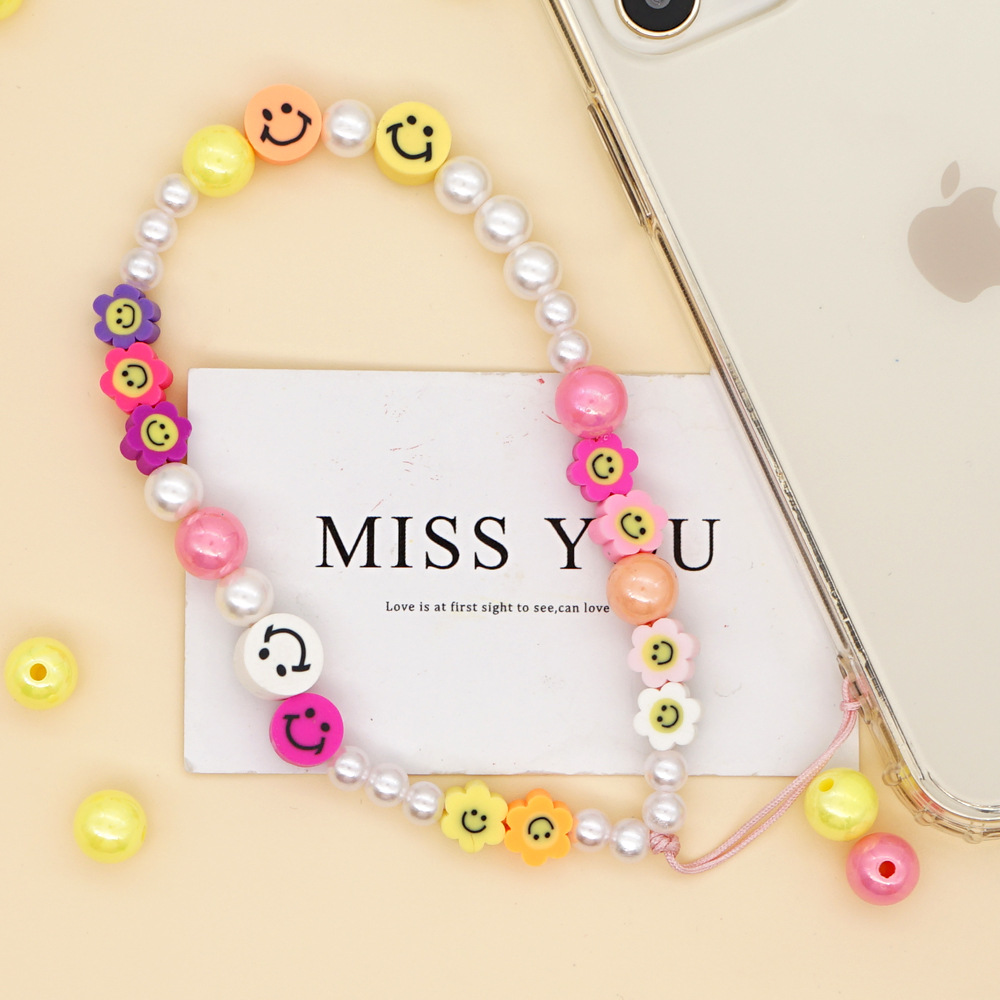 ethnic soft pottery imitation pearl flower smiley face woven color beads mobile phone chain lanyardpicture2
