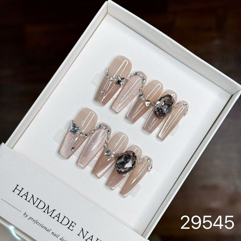 【純手作りのつけ爪29-32】ロングフレンチキャットアイパッチ付け爪、取り外し可能なネイルアートコレクション|undefined