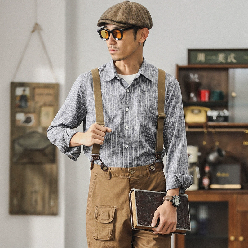 Ameikaji американская ретро-рубашка в полоску, Мужская японская Повседневная Свободная одежда, светло-синяя мужская длинная