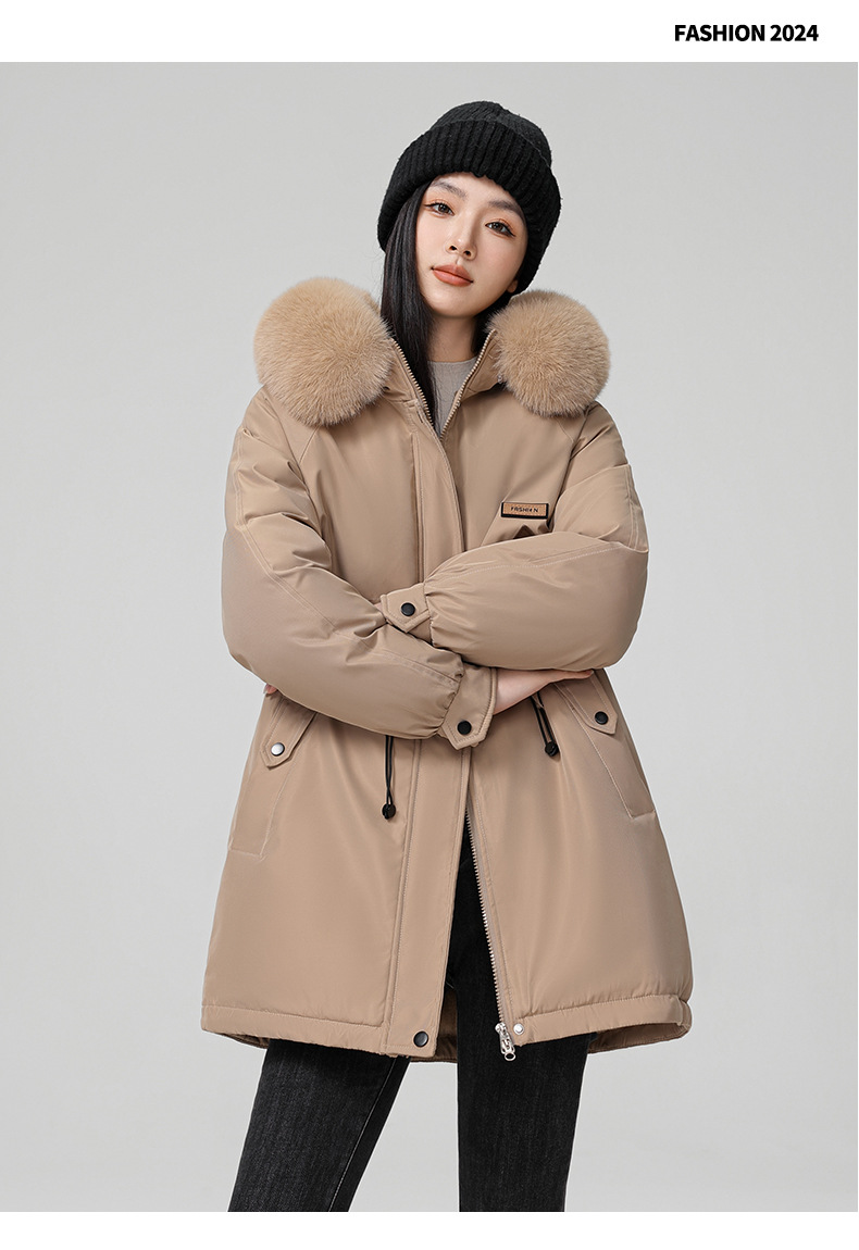 2024 foreign trade overcomes women's winter new Korean version waist cinching slimming hooded big fur collar cotton_voghion.com