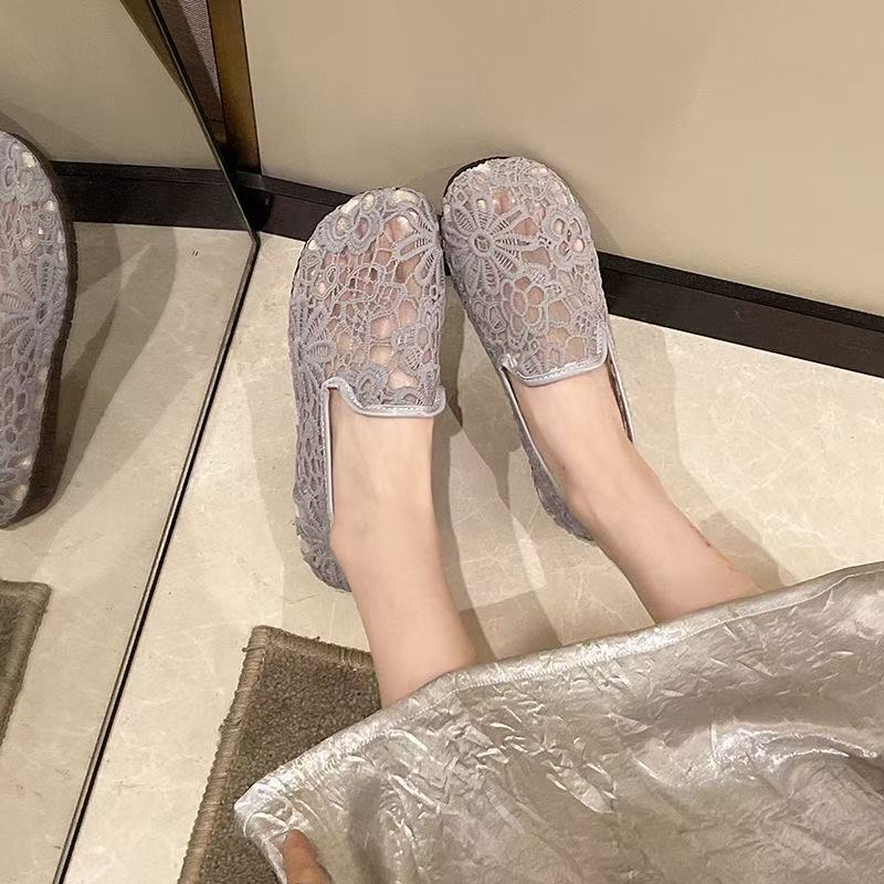 Zapatos de red finos de verano, lentejuelas de encaje para mujer, zapatos de boca baja, zapatos de tela viejos de Beijing huecos de lino, zapatos de frijoles estilo hada