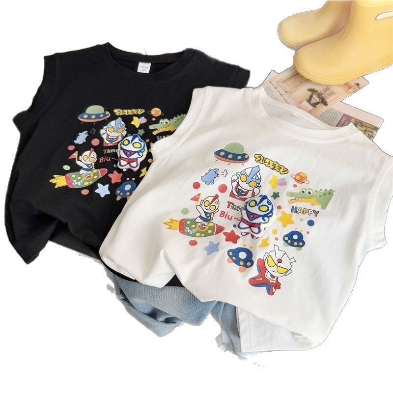 夏の新しい漫画スタイルの小中型子供服男の子ベビーウルトラマン立体人形ベスト Tシャツトップ|undefined