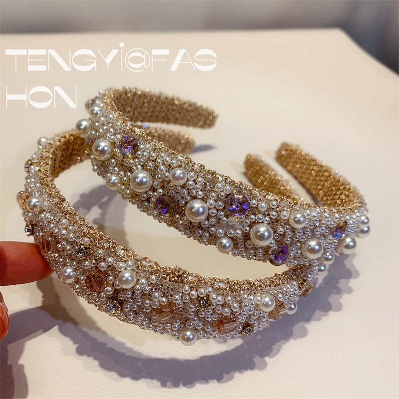 Women's Glam Korean Style Plaid Resin Inlay Crystal Pearl Hair Band display picture 2