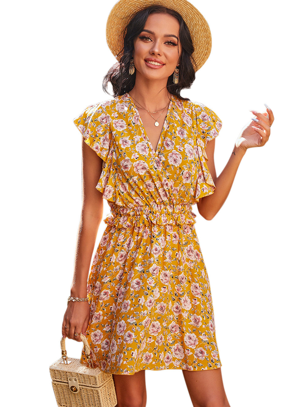 V-neck a-line waist printed dress NSDF36047