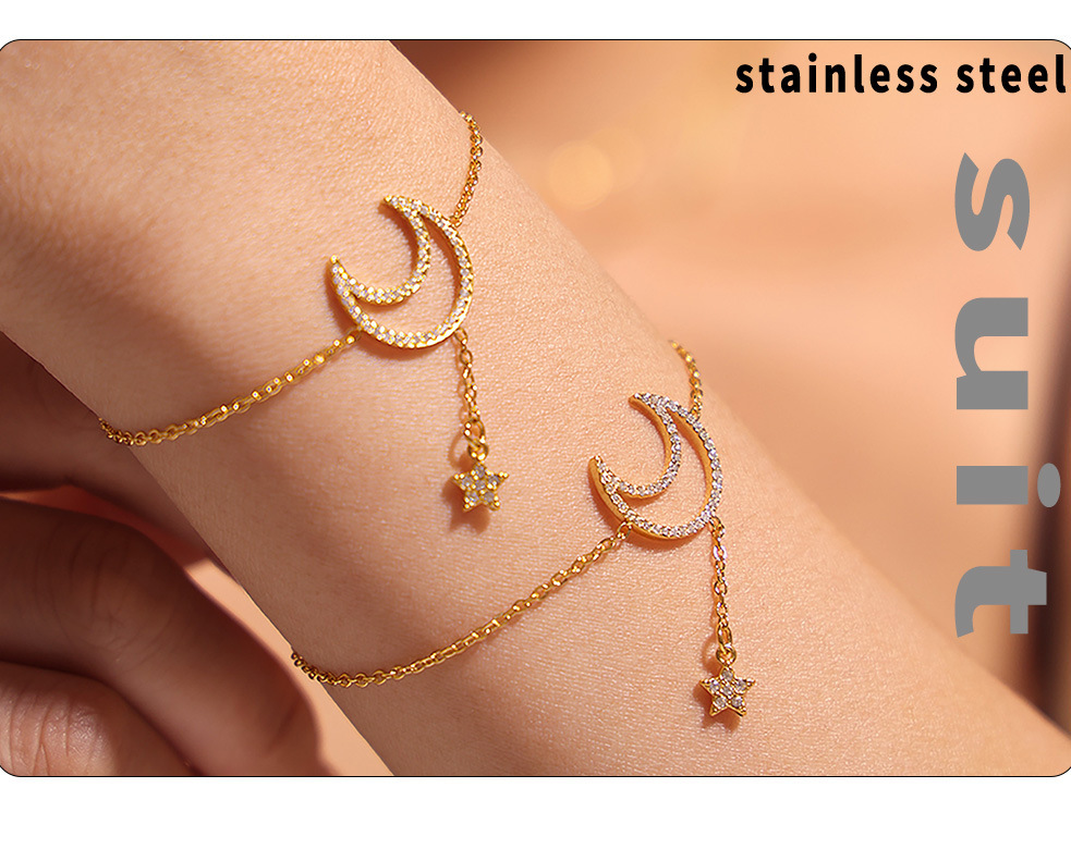 Square Sugar Starry Moon Set With Zircon Tassel Double Layered Clavicle Necklace, Feminine Style Bracelet, Titanium Steel Minimalist Set_voghion.com