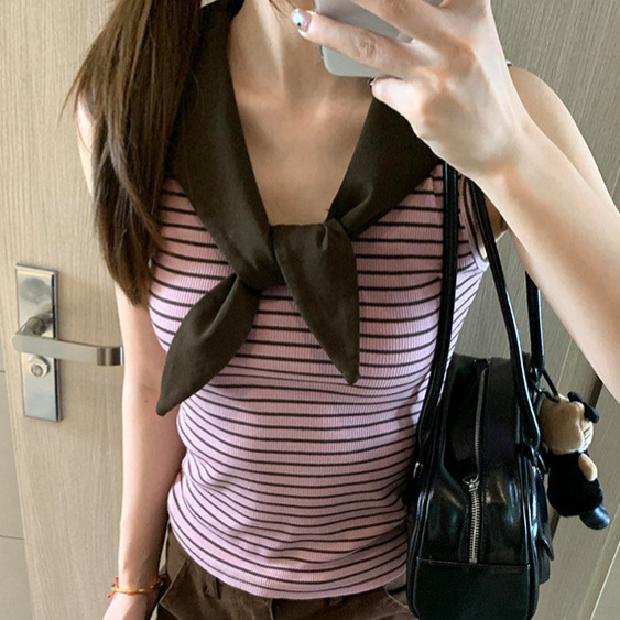 Korean-Style Striped Navy Collar Camisole for Women, Summer Design, Niche Slim-Fit, Sweet and Spicy Sleeveless Top