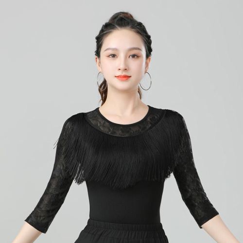 National Standard Latin Dance Uniform for Adult Women, New Style Square Dance Clothes, Modern Dance with Fringes, Practice Suit for Jitterbug Dance, Top