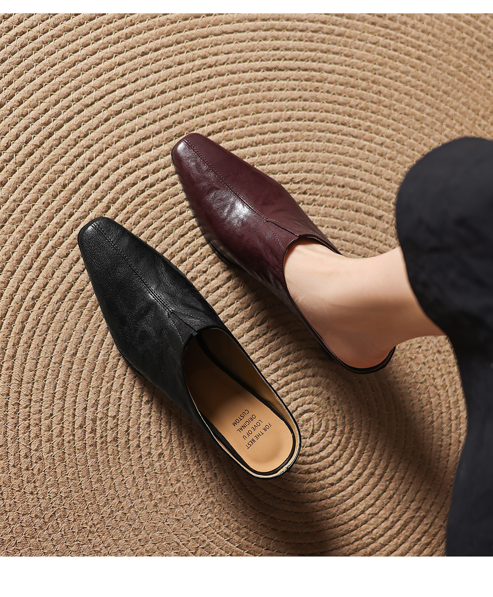 Sandal nữ bít mũi cao gót thô 5 cm, da bò mùa xuân hè — đen chi tiết 2