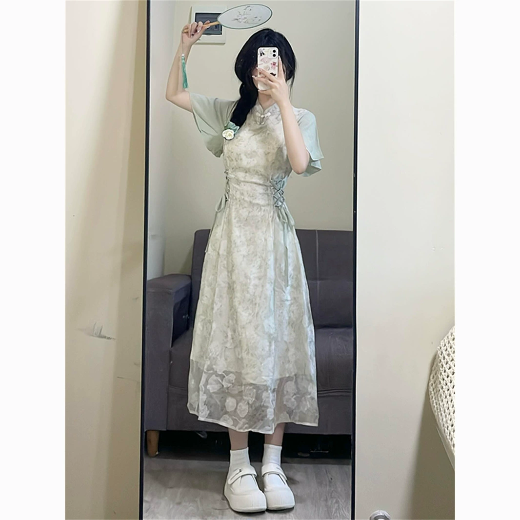 Летний новый стиль, новый китайский стиль, улучшенная версия платья с цветочным принтом на талии, женская длинная юбка в национальном стиле в стиле ретро