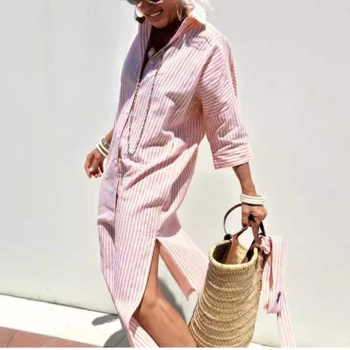 European and American Independent Station Amazon New Striped Shirt Slit Dress Summer Shirt European and American Independent Station Amazon New Striped Shirt Slit Dress Summer Shirt