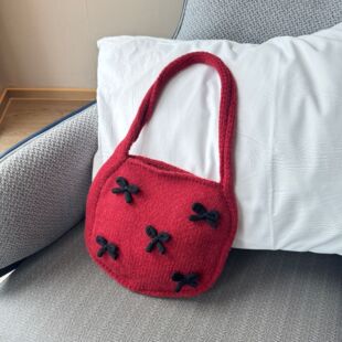 Korean Style Ambient Red Handbag Women's Autumn and Winter New Arrival Bow Decorative Knitted Hand Bag Single Shoulder Underarm Bag