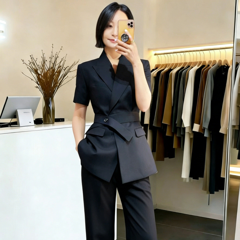 Xz151-Summer Thin Straight-Leg Pants Suit Plus-Size Women's Short-Sleeve Professional Interview Workwear Jacket Xz151-Summer Thin Straight-Leg Pants Suit Plus-Size Women's Short-Sleeve Professional Interview Workwear Jacket