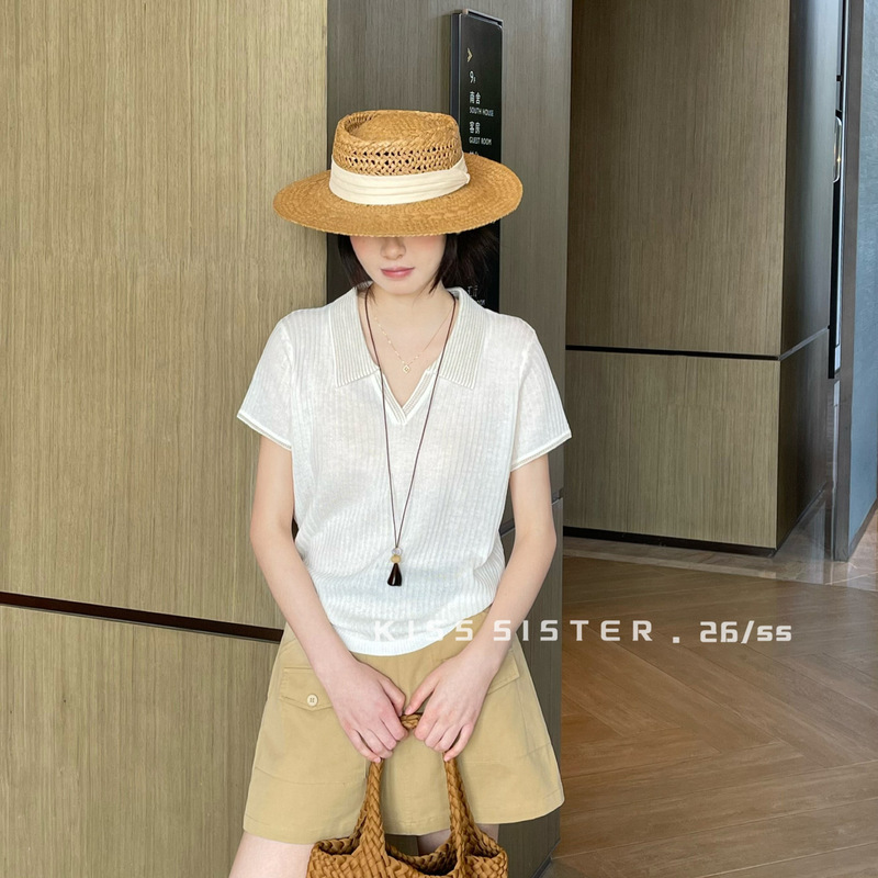 2026 Summer New Style Relaxed Fit Color-Block Polo Collar Knit Top Korean Style Striped Versatile Short-Sleeve Women's Shirt 2026 Summer New Style Relaxed Fit Color-Block Polo Collar Knit Top Korean Style Striped Versatile Short-Sleeve Women's Shirt