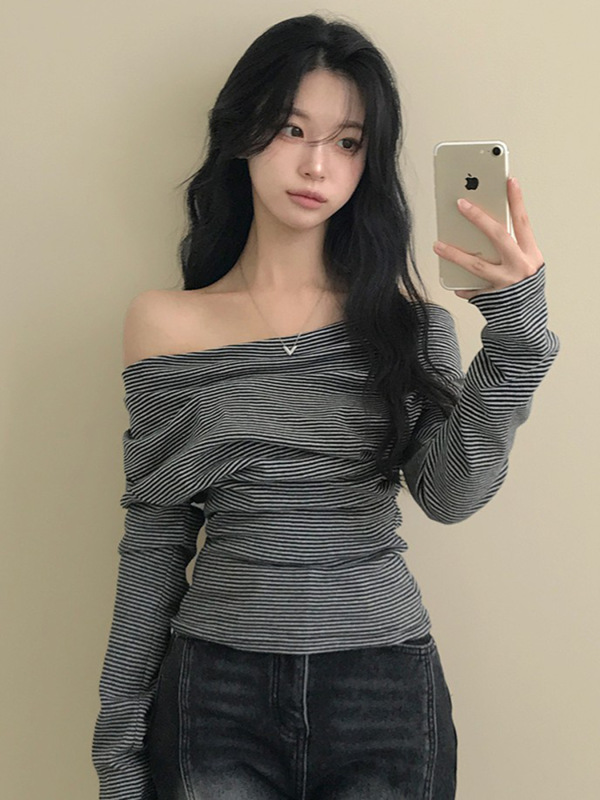 chic秋季复古条纹一字肩褶皱收腰长袖T恤辣妹修身休闲韩风上衣女|undefined