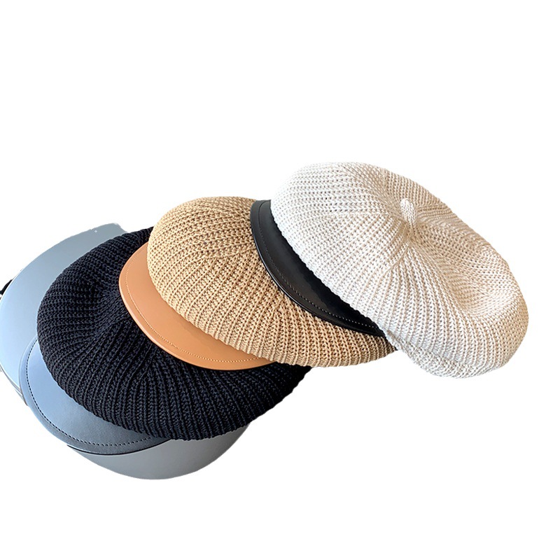 Beige Knitted Beret Women's Summer Breathable Face Showing Little Bud Painter Trendy Big Headband Octagonal Hat_voghion.com