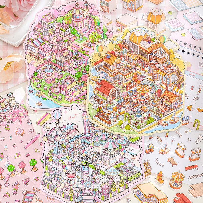 Pegatinas de paisaje en miniatura de rastro de papel Zoo Class Meow Small Town Series Descomprime Escena de bricolaje Pegatinas de material