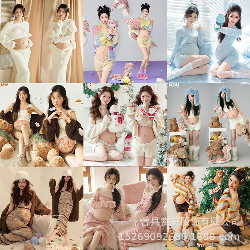 Photo Studio Pregnant Women Photo Theme Autumn and Winter French Retro Long Skirt Pregnant Mommy Art Photo Knitted Photography Clothing