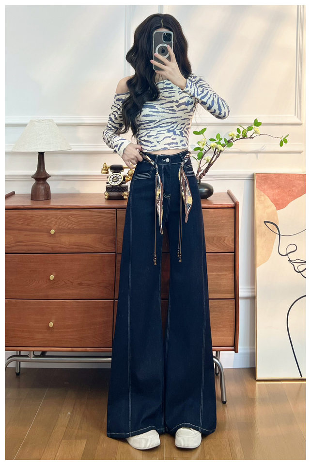 Quần jean nữ ống loe cạp cao co giãn, denim lót lông cừu mùa đông — Màu xanh vàng đen kéo dài, Quần xanh đen vàng, Retro màu xanh chín điểm, Vàng đen xanh chín điểm chi tiết 8