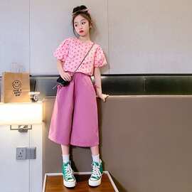女 童夏装波点套装2025新款夏季女孩网红泡泡袖儿 童七分裤两件套