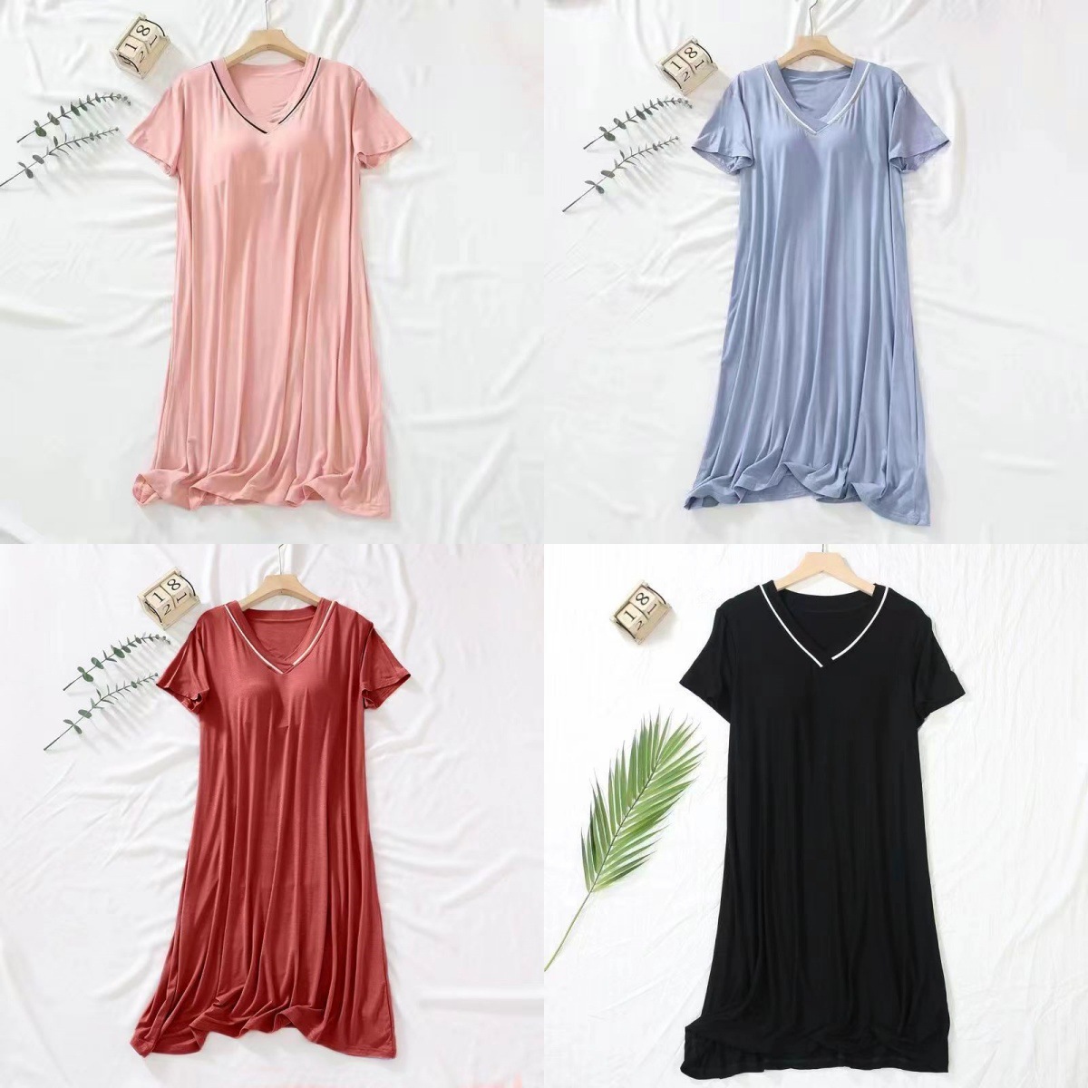 2025 verano vestido de dormir de mangas cortas mujer cojín de pecho de cuello en V delgado color sólido simple y suelto se puede usar ropa de hogar de tamaño grande