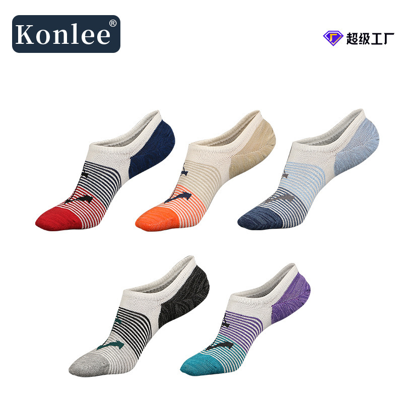 Anti-Slip Combed Cotton Boat Socks with Silicone Grip for Men, Casual Versatile Striped Design, Thin Style