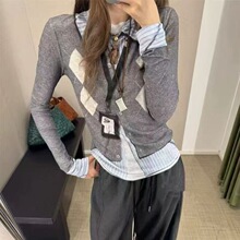 现货2025新品撞色菱格假两件针织衫高级感修身长袖T恤打底衫女