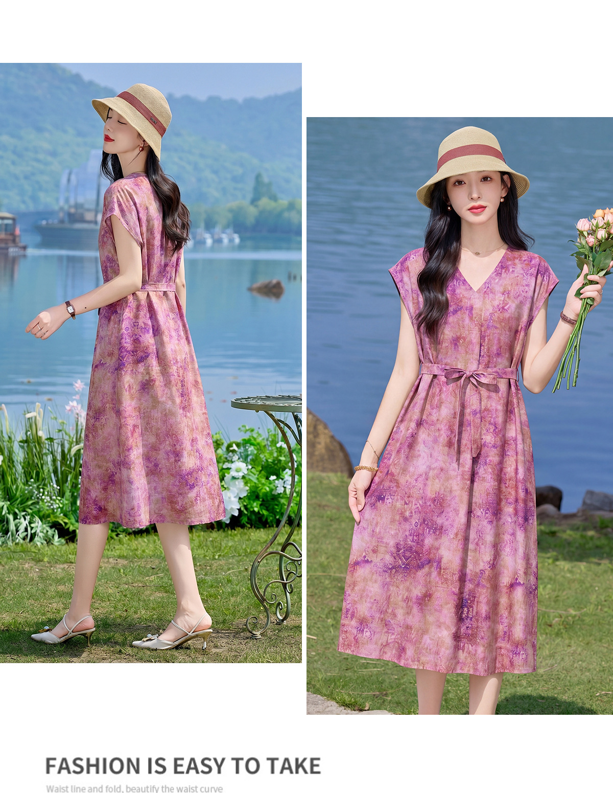 Đầm maxi nữ V cổ thắt eo họa tiết hoa nhí — xanh lam, màu vàng, màu đỏ chi tiết 13